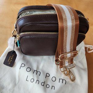 *BRAND NEW* brown leather Pom Pom London crossbody bag + strap + dust baag
